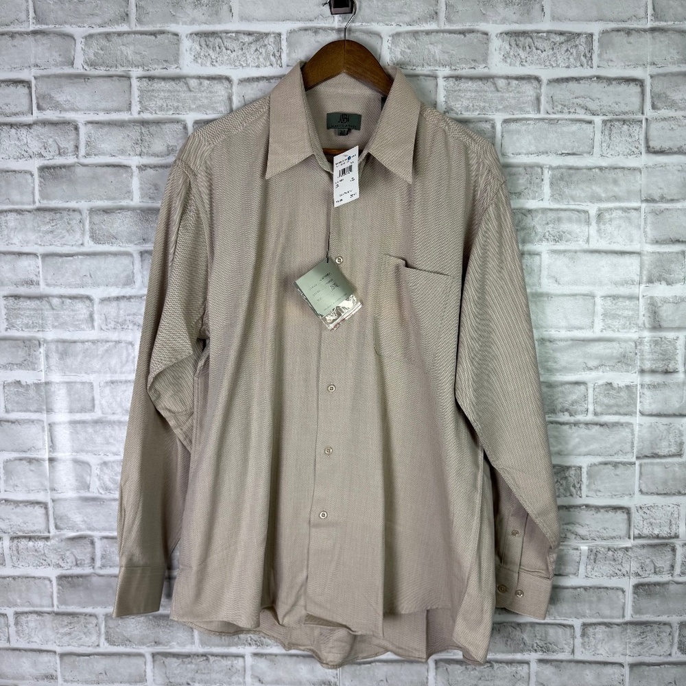 Jhane Barnes Neutral Beige Herringbone Button Up Dress Shirt Mens 16.5 NWT
